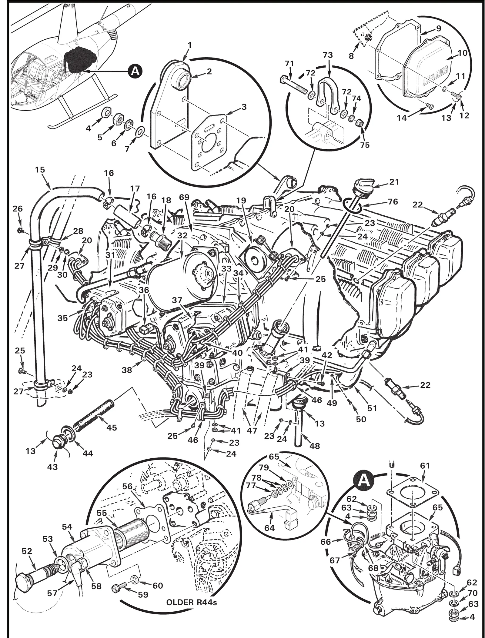 R44 parts catalog figure 71-5, o-540 powerplant components, with item 55 (62817 screen assembly - oil) circled