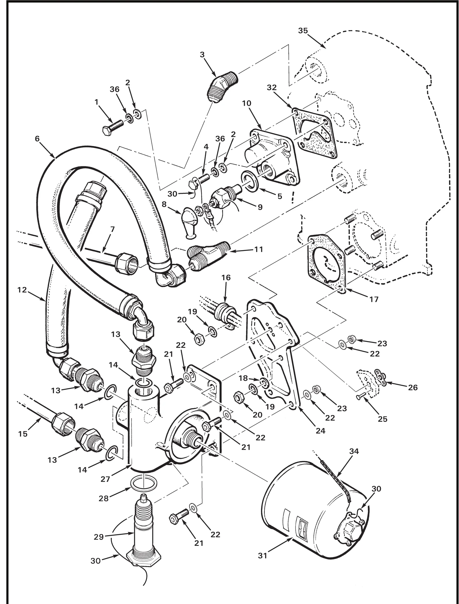R44 parts catalog figure 79-11, oil filter installation, with item 32 (06B21644 gasket) circled
