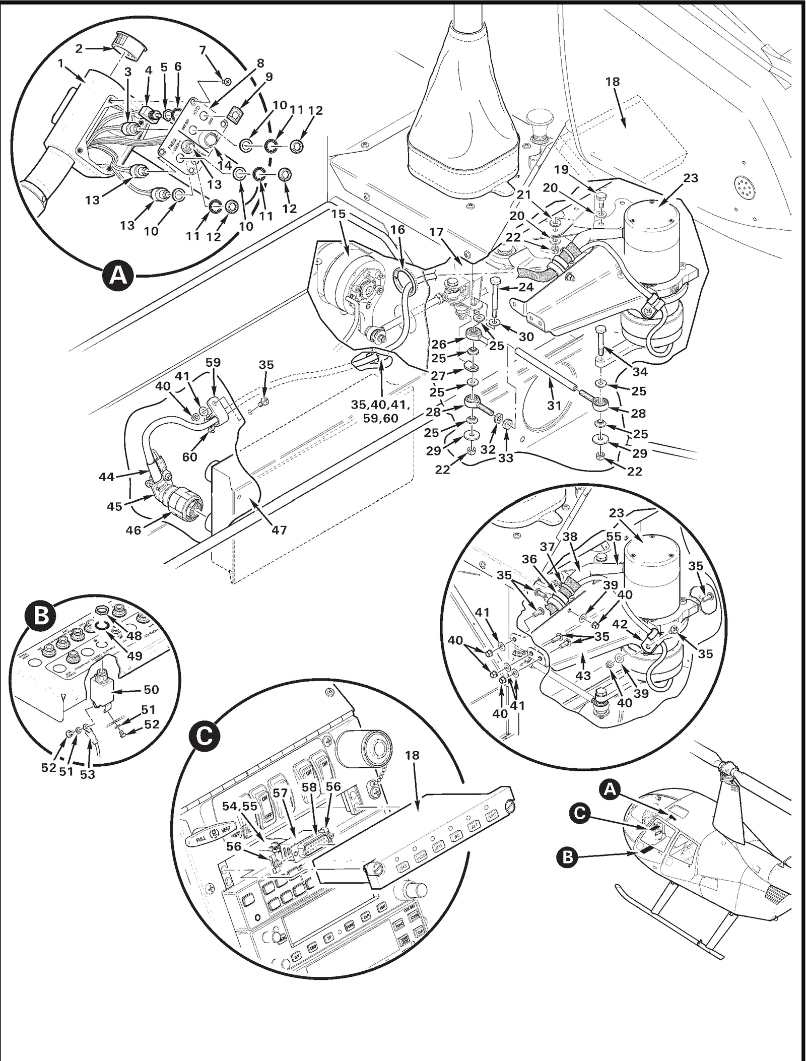 R44 parts catalog figure 22-1, (pitch) servo assembly installation and components, with item 14 (702501201 dress nut)