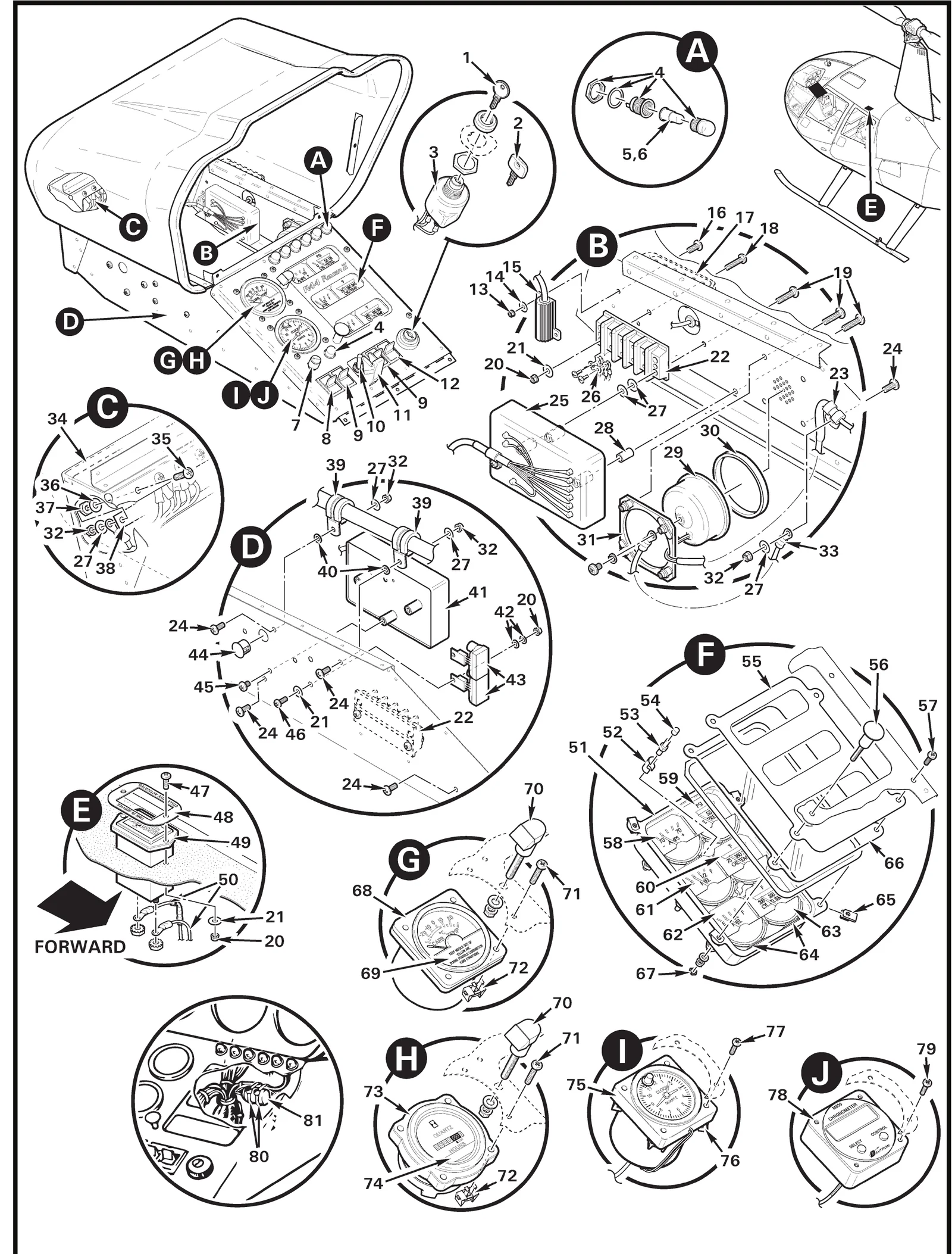 R44 parts catalog figure 95-27, seven-instrument console assembly, with item 53 (100057022 lamp (28-volt, red base)) circled