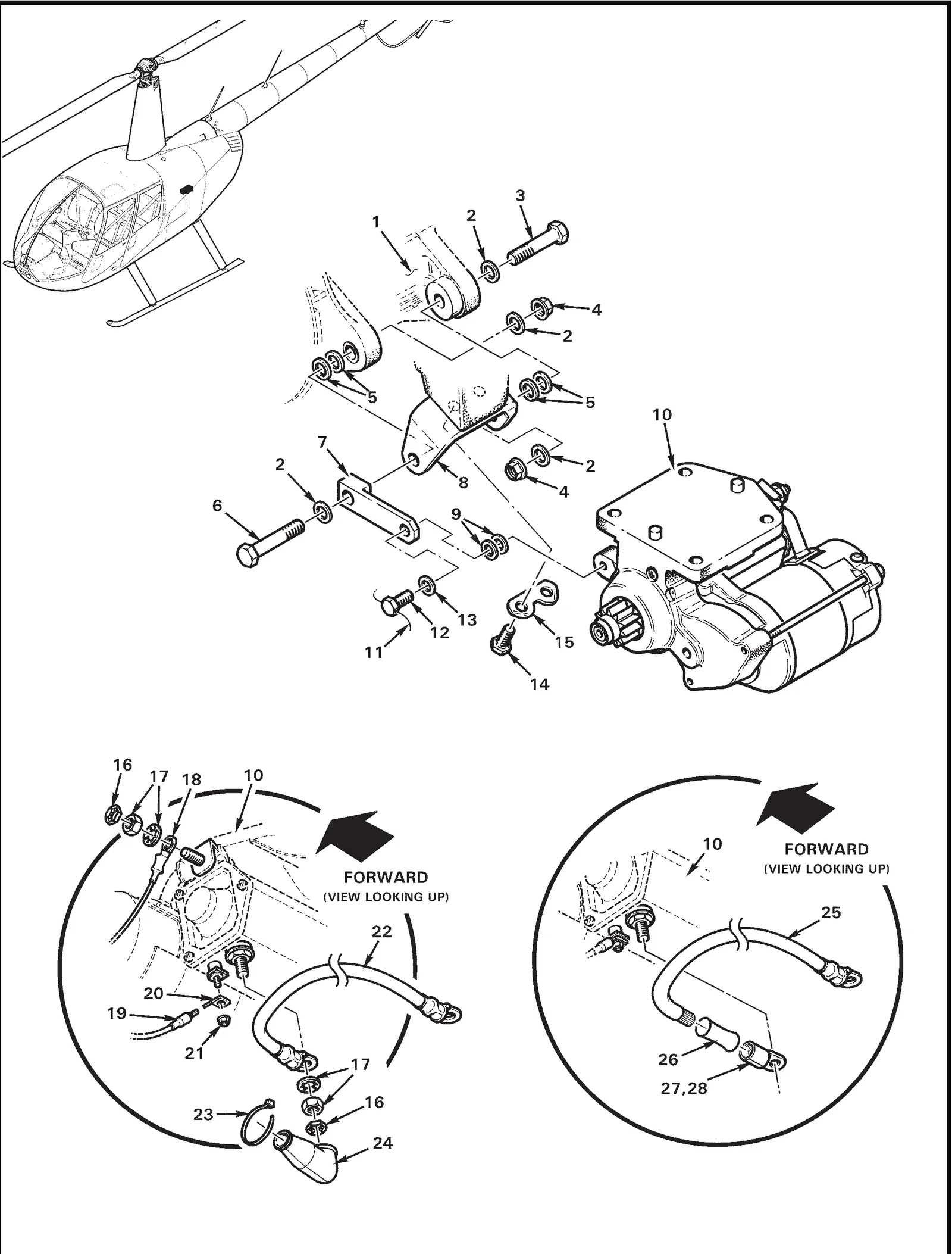 R44 parts catalog figure 71-55, starter installation, with item 10 (149-12HT/H starter (14-volt ships. includes items 17, 20, and 21.)) circled