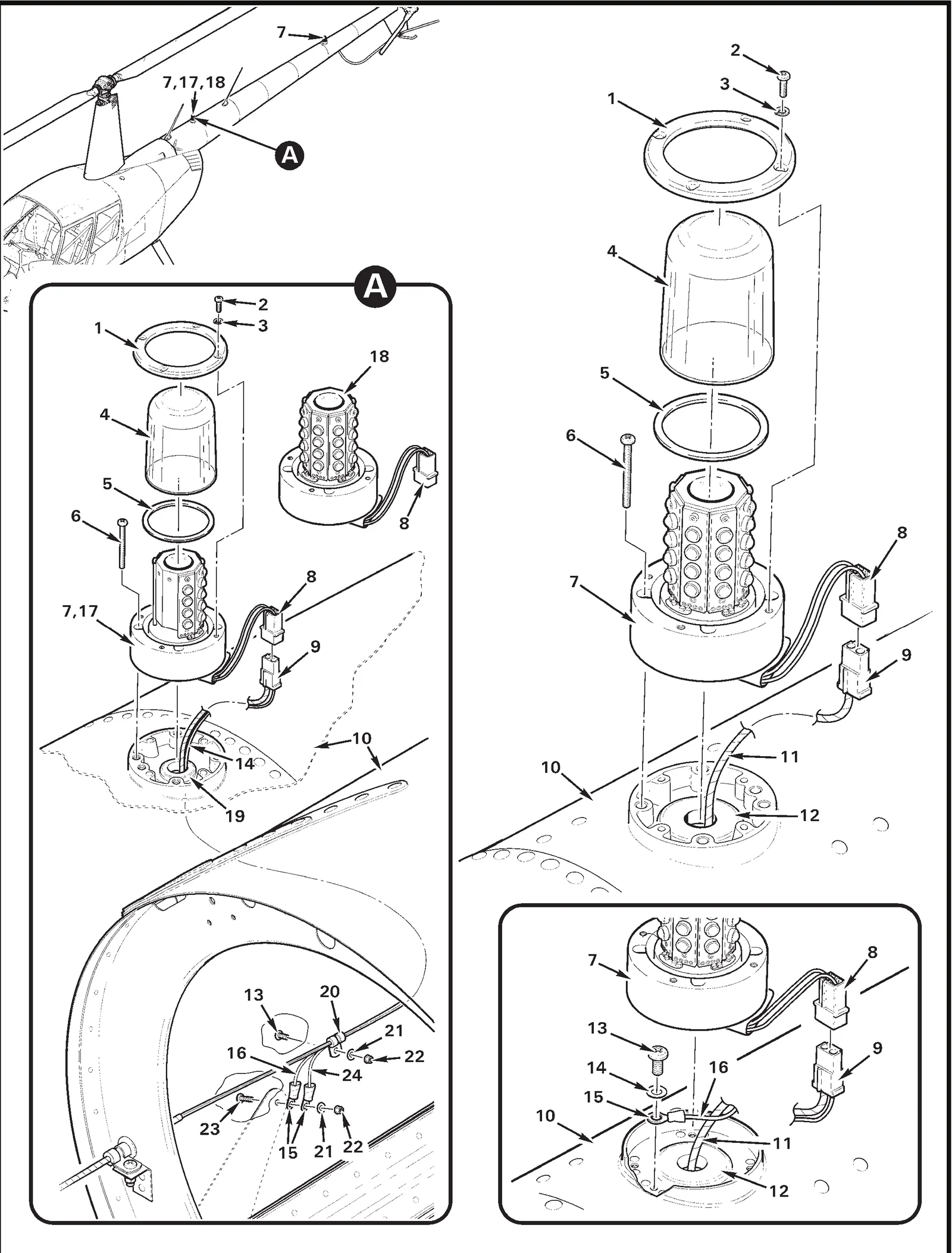 R44 parts catalog figure 33-1, strobe light installation (led), with item 4 (68-4971082A30 lens) circled