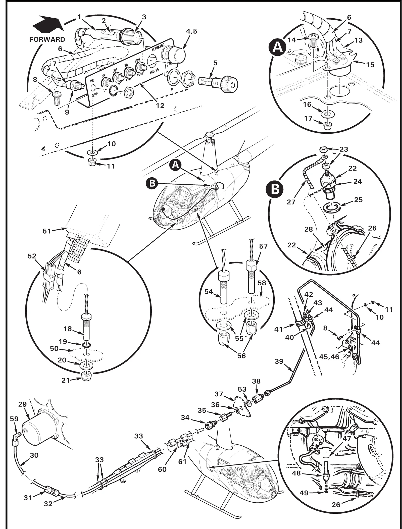 R44 parts catalog figure 96-49, test switches and gage probes, with item 59 (40-4-2-N-O elbow) circled