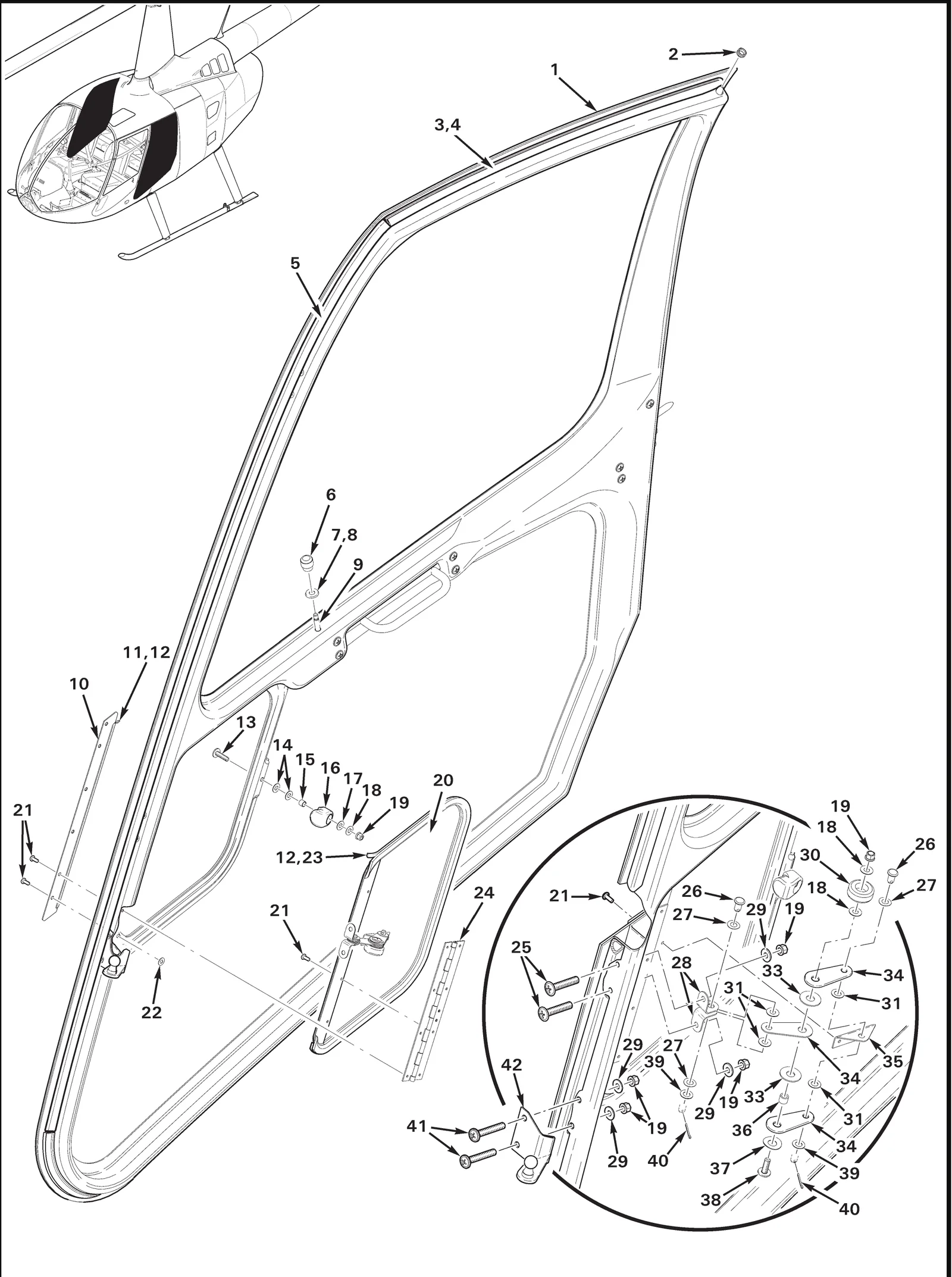 R66 parts catalog figure 52-7, aft door assembly, with item 3 (A226-2 seal (install using item 4), the catalog number for A226-2-2.5) circled