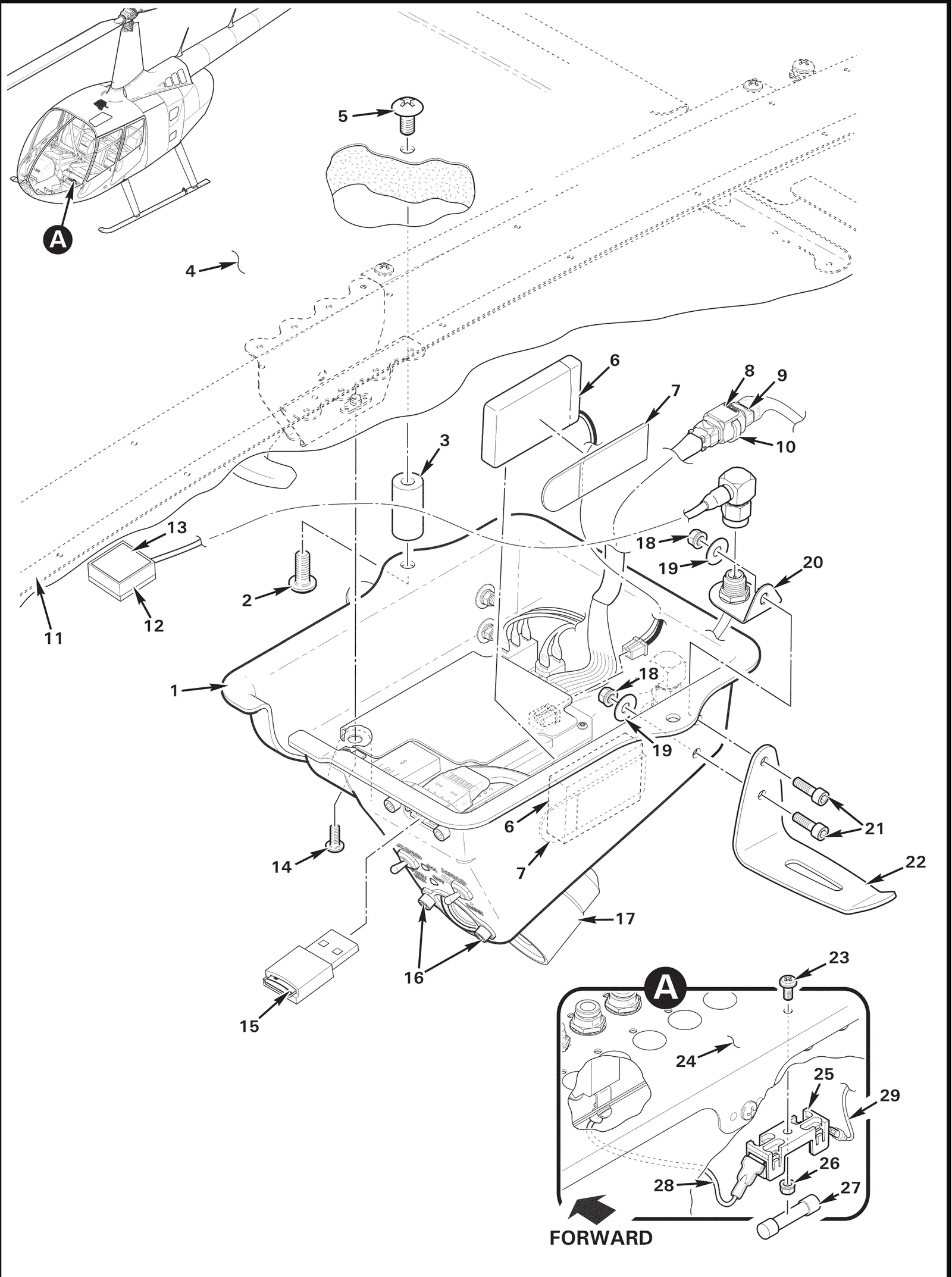 R66 parts catalog figure 96-49, cockpit camera installation without, with item 7 (1024A38 adhesive strip) circled