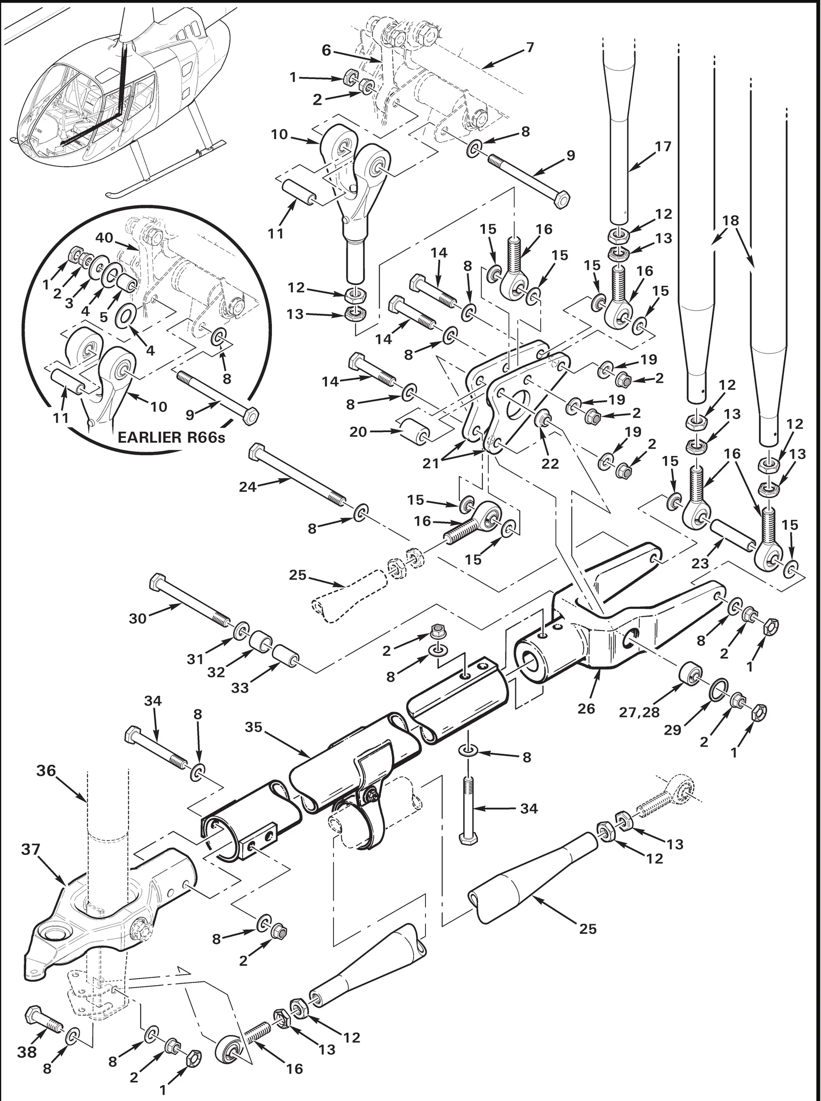 R66 parts catalog figure 67-5, cyclic pivot assembly and torque tube, with item 29 (WH-62-S02 ring) circled