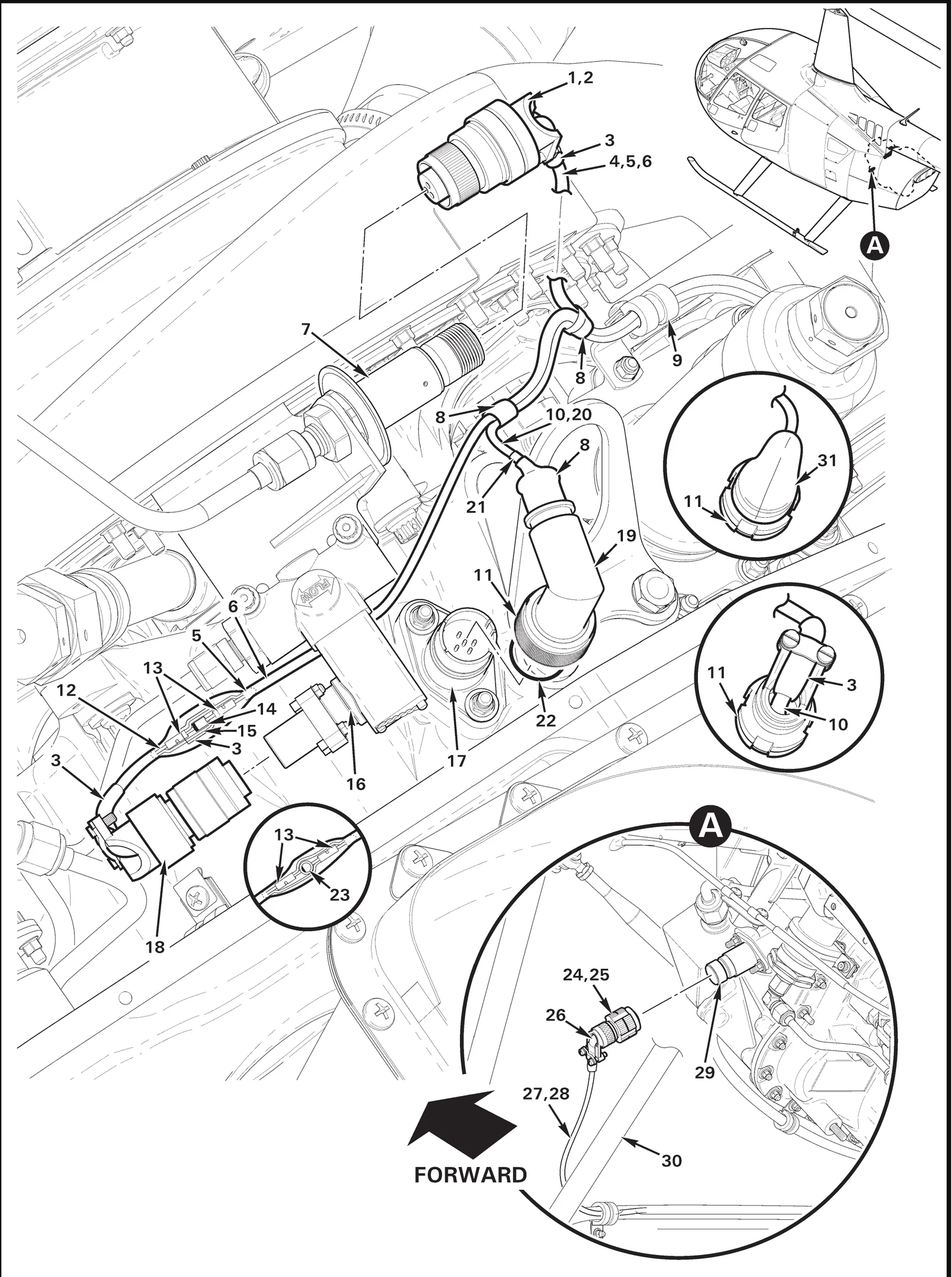 R66 parts catalog figure 71-7, engine components – left side, with item 26 (608036-1 tape) circled