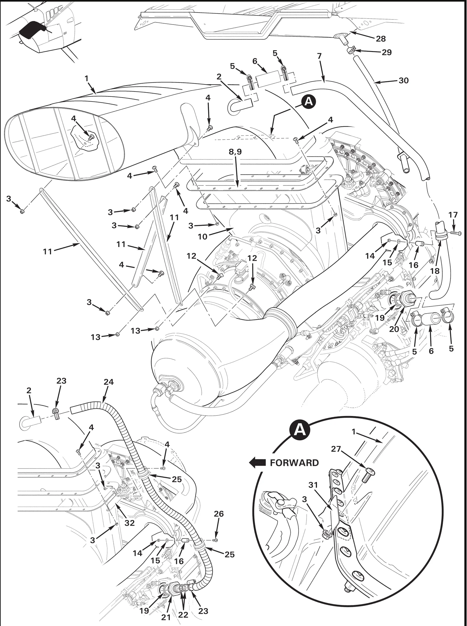 R66 parts catalog figure 71-19, exhaust weldment and strut installation, with item 9 (7020-3 putty 10 - engine exhaust collector) shown for reference