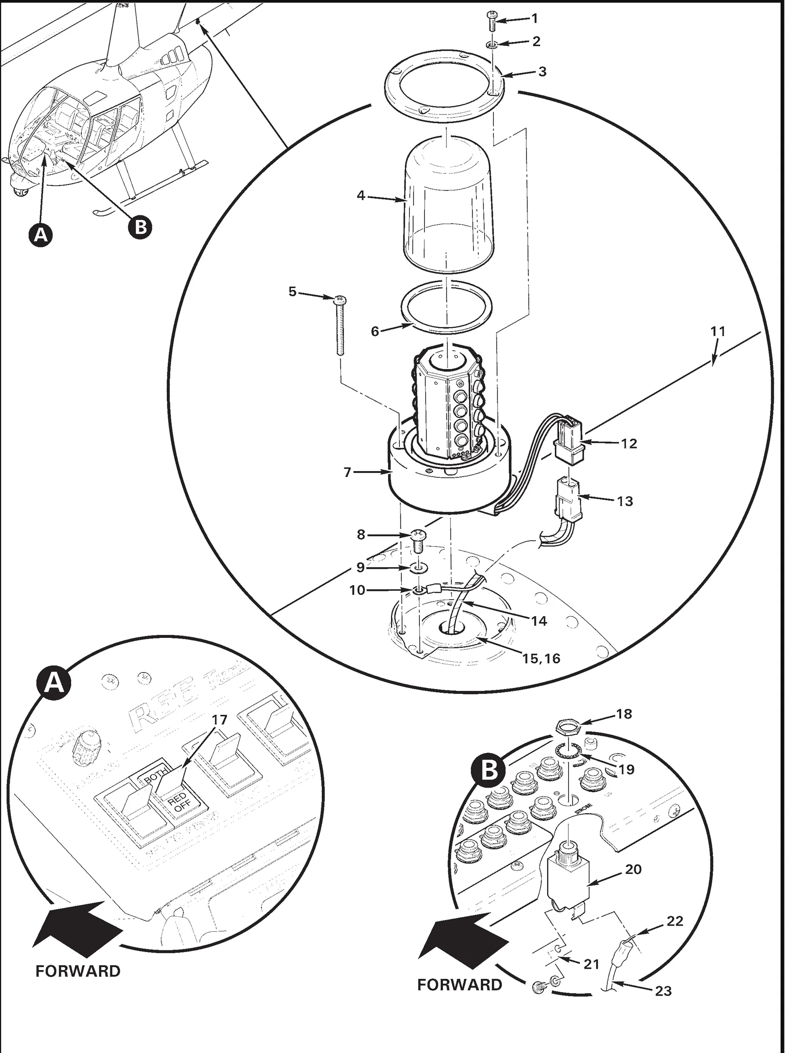 R66 parts catalog figure 90-77, g685-1 aux strobe installation, with item 4 (68-4971082A30 lens (clear))