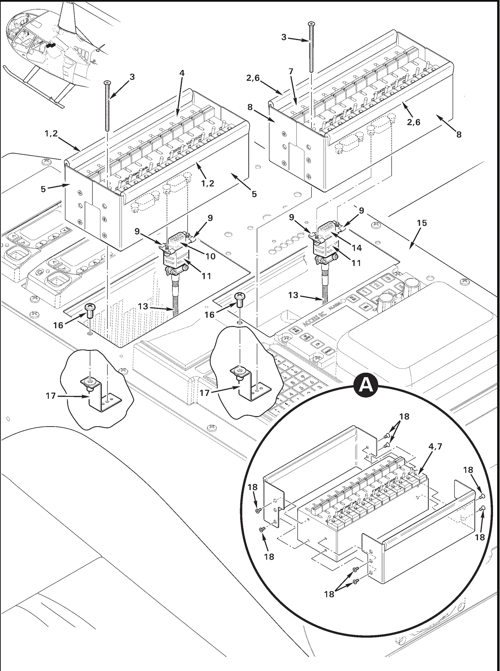 R66 parts catalog figure 92-65, geneva audio – aft audio panels, with item 6 (4869A1 trim (orange, install using item 2)) circled