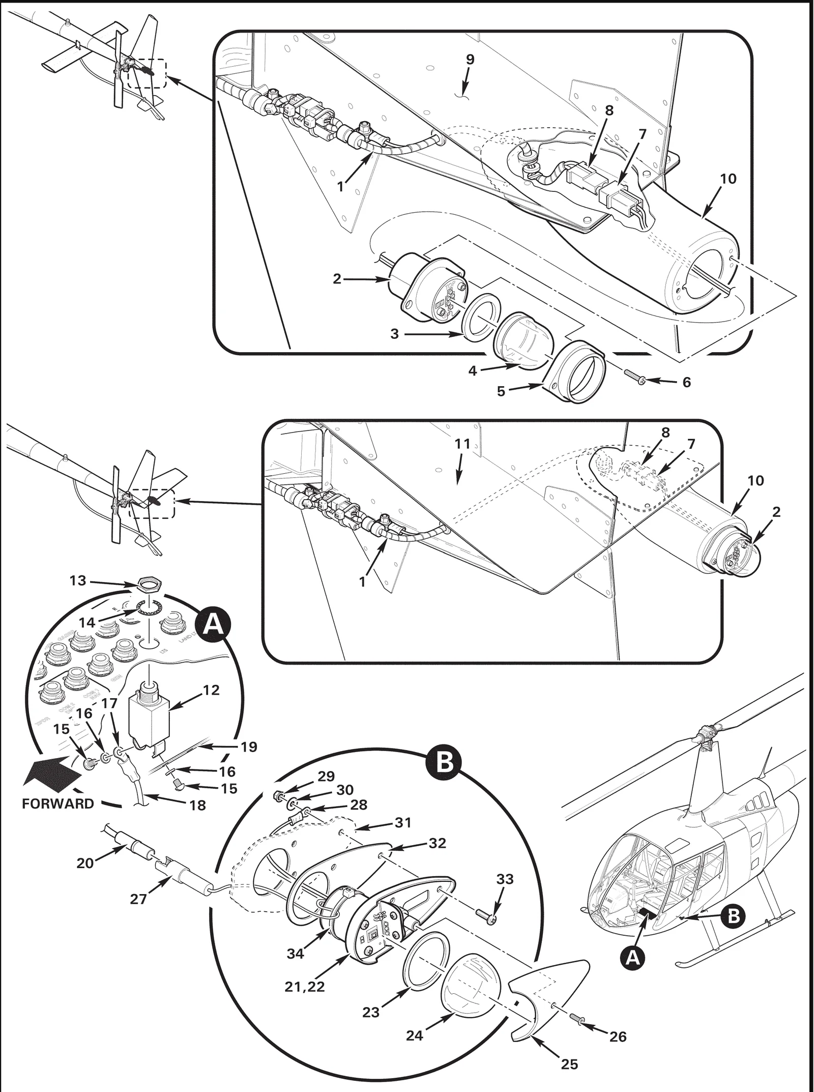 R66 parts catalog figure 33-3, navigation lights installation, with item 24 (68-3950902A30 lens (clear)) circled