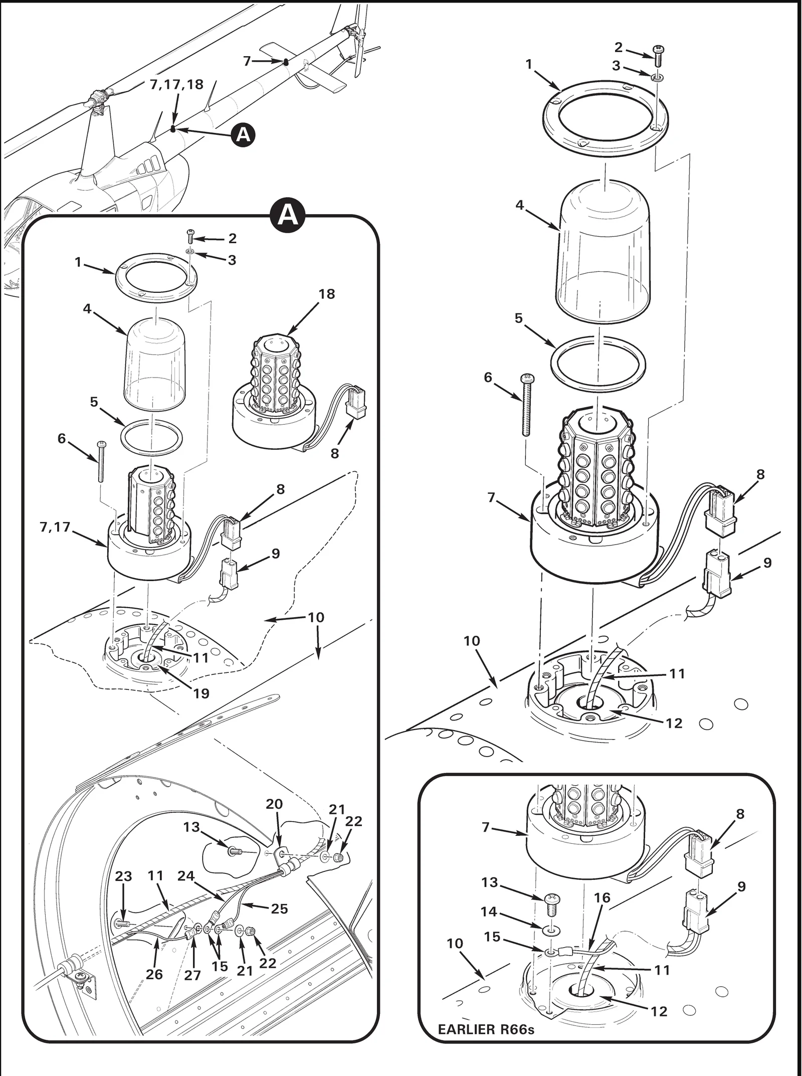 R66 parts catalog figure 33-1, strobe light installation, with item 4 (68-4971082A30 lens) circled